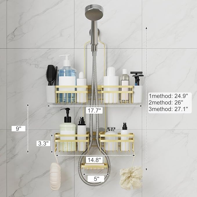 Shower Caddy Hanging for Bathroom Organizers and Storage - 3-Tier Adjustable Anti-Swing Shower Organizer Hanging with Heavy-Duty Suction Cups, Damage-Free Rustproof (Gold)