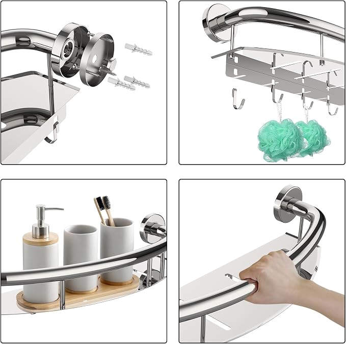 Polished Chrome Safety Grab Bar 18-inch with Storage Shelf for Bathtub or Shower, Drainage Holes, Stainless Steel, Wall Mounted Grab Bars for Elderly Injured Balance Support