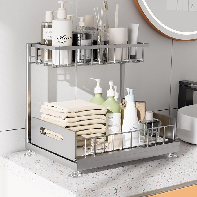 Saydear Under Sink Organizer Storage 2-Tier Premium Metal Pull-Out Kitchen Cabinet Organizer with Sliding Drawer, Height Adjustable, Heavy Duty for Kitchen & Bathroom Organizers 2 Pack Grey