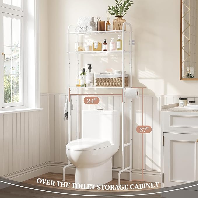 STDDRE 3-Tier Over The Toilet Storage Space Saver with Paper Holder Freestanding Rack Metal Bathroom Shelves with Hooks Above The Toilet Storage Shelf (White, 3 Tier)