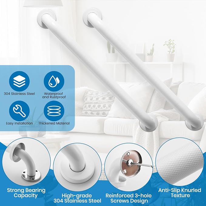 Grab Bars for Shower, Zynuhmo 2 Pack 20 Inch Anti Slip Bathroom Safety Grab Bar 1.25" Diameter Stainless Steel Shower Handrails for Handicap Injury Pregnant Senior Assist Shower Handles(Matte White)