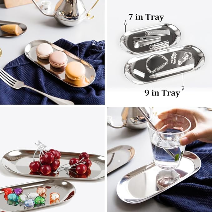 Stainless Steel Decorative Tray, Set of 2, 7 Inch Long, Jewelry Dish Cosmetics Organizer Bathroom Clutter Serving Platter Small Storage Tray, Oval, Silver