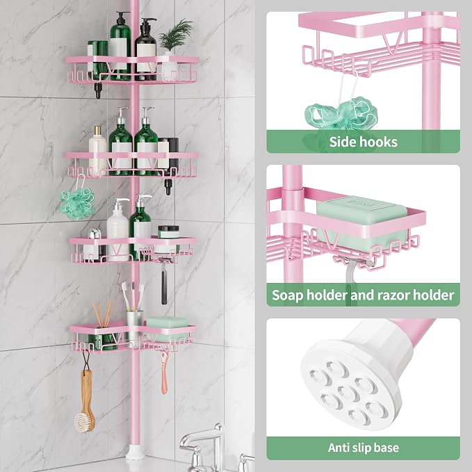 DAOYA Corner Shower Caddy Tension Pole - Pink - Rustproof Adjustable Bathroom Organizer Shelf for Shampoo, 25–114.2 Inch Shower Rack for Renters, Apartments