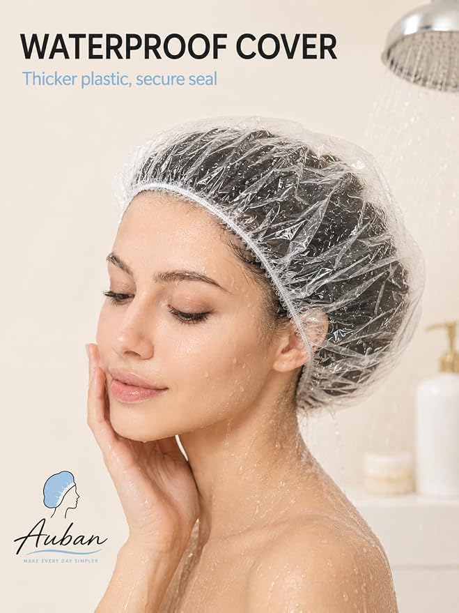 Auban Disposable Shower Caps, Plastic Clear Hair Cap
