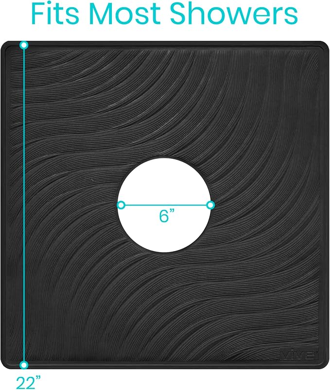 Vive Shower Mat - 22" by 22" Square Non Slip Large Bath Mat for Bathtub - Patented Design - Suction Cup Traction Skid Pad for Stalls Floors Tub - Textured Rubber with Drain Hole