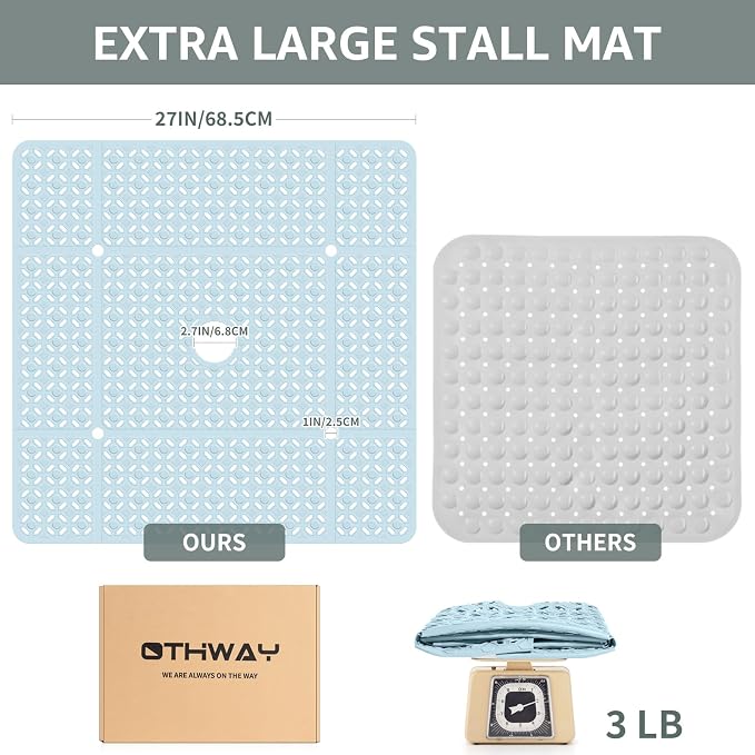 OTHWAY Square Shower Mat, 27"x 27" Extra Large Shower Mats for Inside Shower, TPE Anti Slip Shower mat with Suction Cups Drain Holes, Machine Washable Shower Floor Mat (Light Blue)