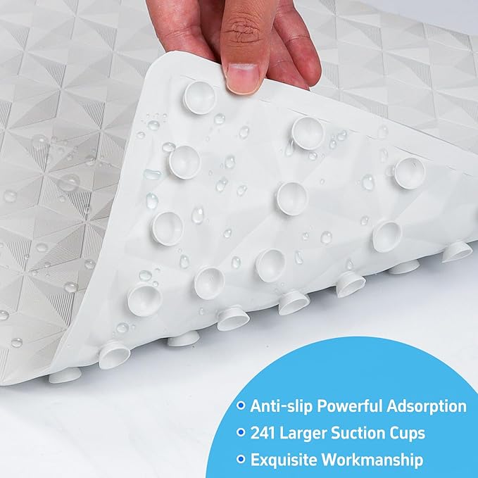 Non Slip Bathtub Mat for Bath Tub Shower Safety - Natural Rubber Mat with Suction Cups ＆ Drain Holes - BPA/PVC Free Large Bathroom Mat - Machine Washable - Unique Diamond Pattern - 17 × 35 Inch
