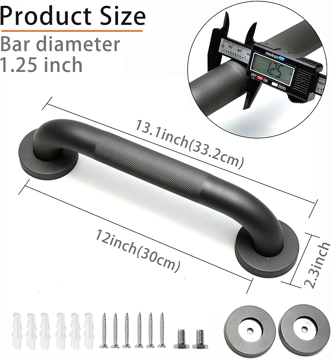 Shower Grab Bar, 2 Pack 12 Inch Gray Bathroom Grab Bar, 1.25" Diameter 304 Stainless Steel Anti-Slip Grab Bars for Bathtubs and Showers, Handicap Shower Grab Bar for Seniors Elderly