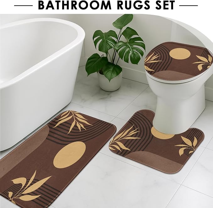 Boho Mid Century Shower Curtain Set with Toilet Lid Cover and Non-Slip Rugs, Abstract Geometric Brown Background 4 Pcs Modern Minimalist Vintage Shower Curtain for Bathroom Set with 12 Hooks