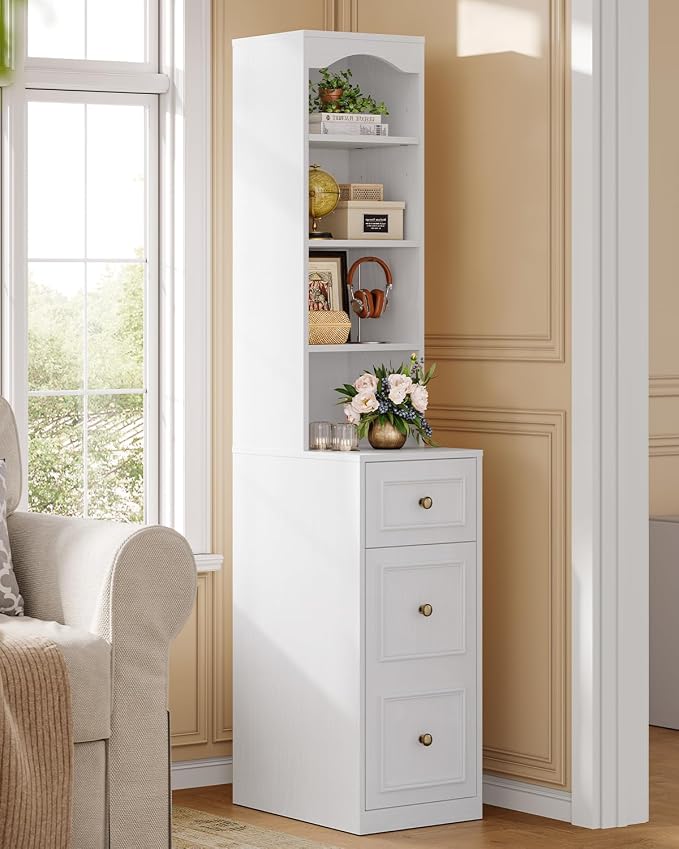 67" Tall Bathroom Storage Cabinet with 4 Open Shelves, Drawer & Cabinet, L-Shaped Narrow Bathroom Storage Cabinet with Adjustable Shelf, Bathroom Storage Cabinet for Bathroom, Living Room, White