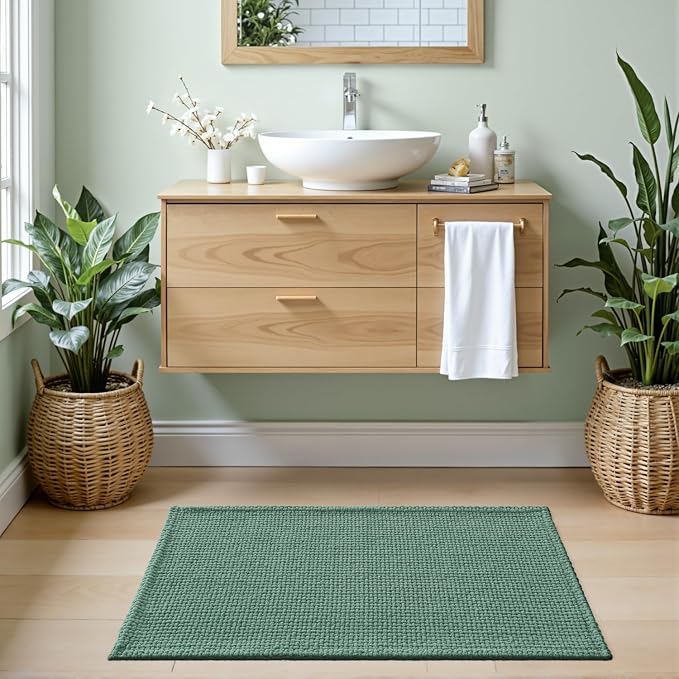 DEXI Bathroom Rugs 24x16, Non Slip Washable Bath Mat, Absorbent Chenille Bathmat, Ultra Soft Thick Carpet for Tub Shower Floor, Green