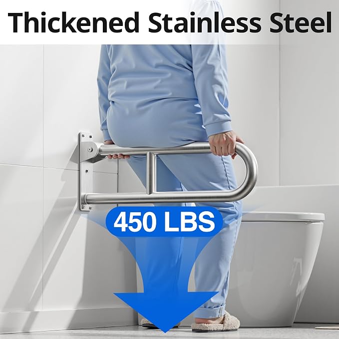 Toilet Grab Bar, Bathroom Safety Handrail Wall Mounted, 304 Stainless Steel Flip Up Folding Support Rail for Elderly Seniors and Handicap Assistance (24 Inch)