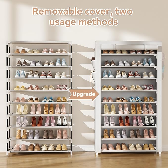 LANTEFUL Shoe Rack with Covers 10 Tier Tall Shoe Rack Organizer Large Capacity Shoe Shelf Storage 40 Pairs Space Saving Free Standing Shoe Storage Organizer for Closet, Entryway, Dorm, White