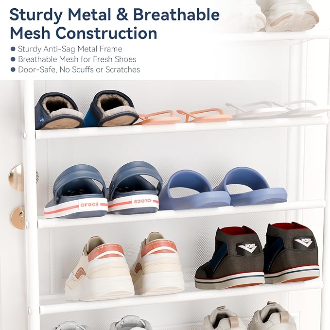 Whitmor 36 Pair Over The Door Shoe Organizer, 12 Tier Hanging Shoe Organizer, Heavy Duty Metal & Mesh Shoe Holder, Hanging Shoe Rack for Closet Organizer & Storage, 74"H x 21.7"W x 7.5"D, White