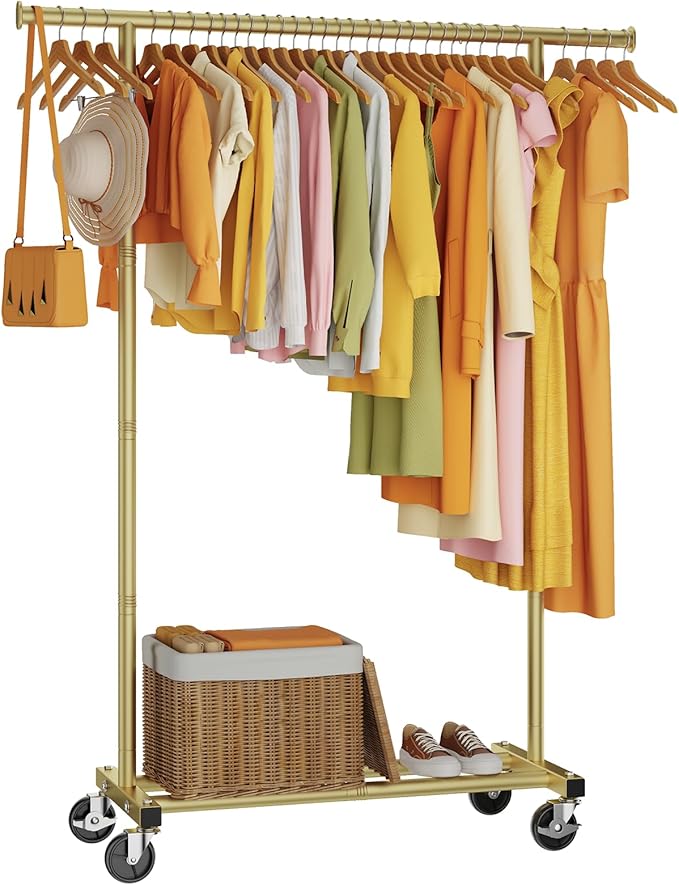 HYSEYY Clothes Rack, Clothing Rack for Hanging Clothes, Rolling Garment Rack Sturdy Coat Rack Portable Wardrobe Rack Metal Closet Rack for Bedroom Laundry Living Room, Gold