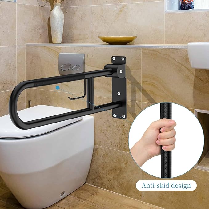 Toilet Grab Bar 32 Inch Black, Munzong Anti-Slip Handicap Grab Bars with Paper Holder, Flip-Up Bathroom Safety Rails, Stainless Steel Knurled Support handrails for Seniors Elderly Disabled Pregnant