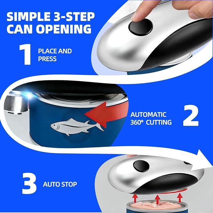 Rechargeable Electric Can Opener, One-Touch, Smooth Edge, USB-C Fast Charge, for Seniors, Silver