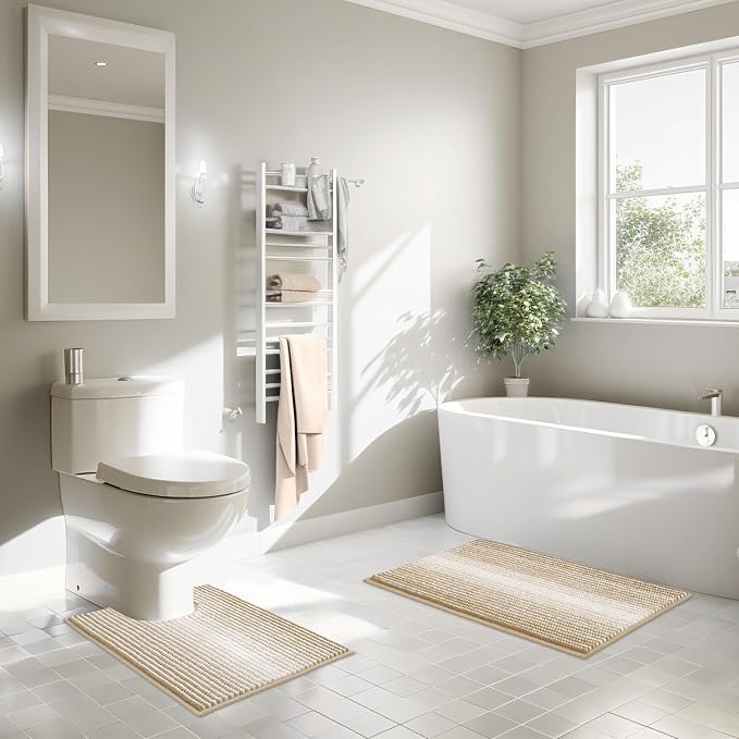 Bathroom Rugs Sets 2 Piece, Toilet Rugs U-Shaped, Contour Bath Mat Set for Toilet Bathroom, Soft Absorbent Chenille Bath Carpet, Quickly Dry, Washable (Beige, 32" x 20" + 24" x 20")