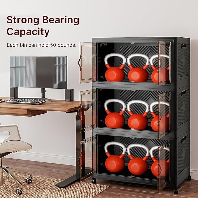 UAMFURI Stackable Storage Bins with Lids, 1050QT Closet Organizers and Storage with Doors and Wheels, Extra Large Storage Cabinet, Collapsible Plastic Drawers for Bedroom Dorm Office Garage