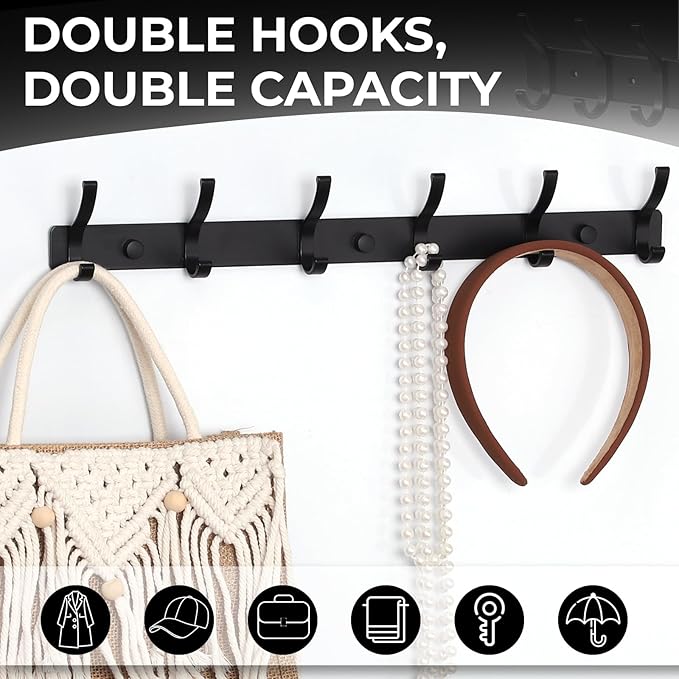 Dntorx Coat Rack Wall Mount, 1 Pack Coat Hooks Hanger Wall Double Hook Rack Rail Towel Hat Rack Entryway Bathroom Hanger Organizer for Robes, Clothes, Bags, Hat(Black)