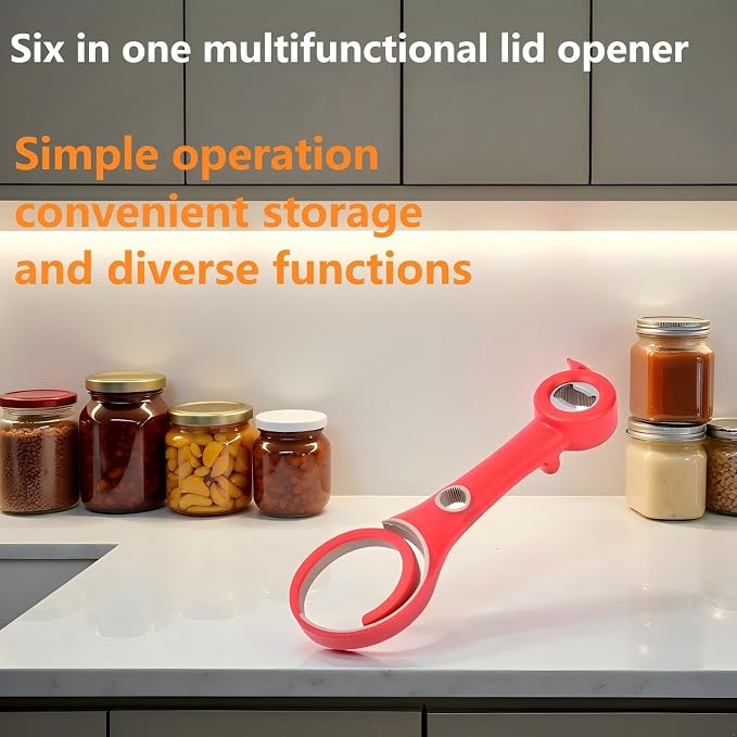 6in-1 Multi Functional Can Opener, Easy to Open Can/Beer/Jam Bottle Caps, labor-saving and anti slip handle, suitable for kitchen can openers, pull tab cans, vacuum caps, and twist caps(Red)