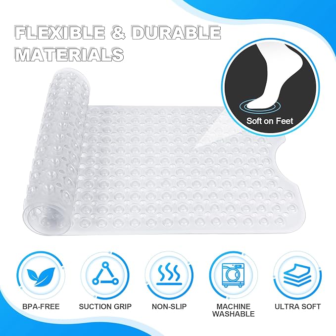 Bathtub and Shower Mats, 40x16 Inch Extra Large Non Slip Soft Bath Tub Mat with Suction Cups and Drain Holes for Bathroom Floor and Keep Tubs Clean, Machine Washable, Clear