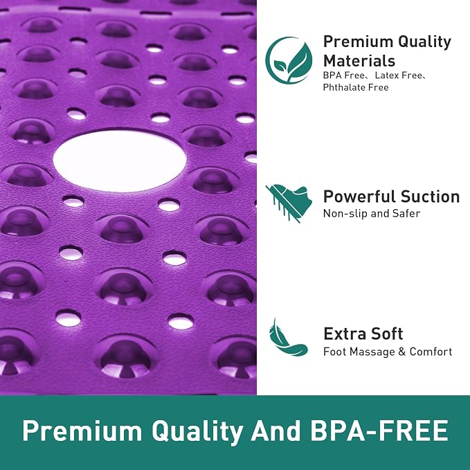 Large Square Shower Mat 27 x 27 Inch Clear Purple, Non Slip Shower Bathtub Mats for Inside Shower With Big Suction Cups Drain Holes, Anti Slip Bathroom Floor Stall Mats, Easy Clean, BPA-Free
