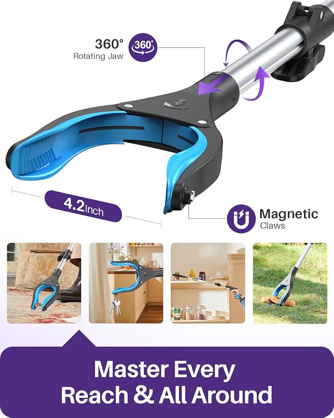 KEKOY Pro 44-inch Reacher Grabber Pickup Tool, Heavy Duty Grabbers for Seniors Foldable Pick Up Trash Stick with Anti-Slip 360° Rotating Jaw, 4" Wide Extended Weed Gripper Claw with Magnet