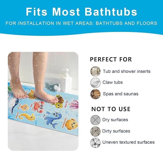 XIYUNTE Baby Bath Mat for Tub Non Slip Kids Bath Mat - 40"x16" Extra Long Bathtub Mat Non Slip Kids, Eco-Friendly Toddler Bath Mats with Suction Cups for Secure Grip, Easy to Clean & Easy Drying