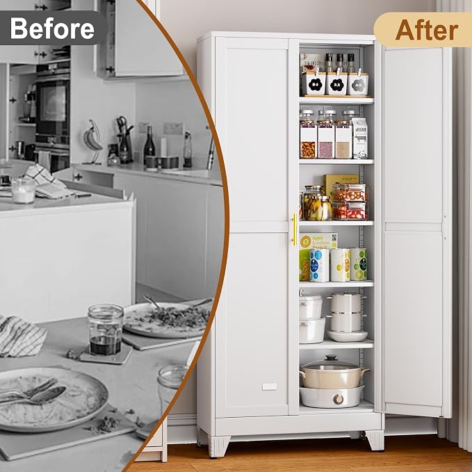 75" White Metal Garage Storage Cabinet with 2 Doors and 5 Adjustable Shelves,Kitchen Pantry Cabinet,File Cabinet,Steel Tool Cabinet for Home,Office,Garage,School,Warehouse