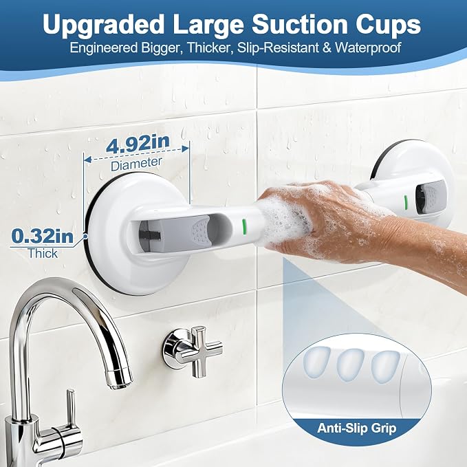 Grab Bars for Shower 19 Inch, 330lbs Heavy Duty Safety Bars with Indicator, Suction Cup Shower Handles with Upgraded Rubber Suction Cup, Gifts for Seniors, Elderly & Handicap