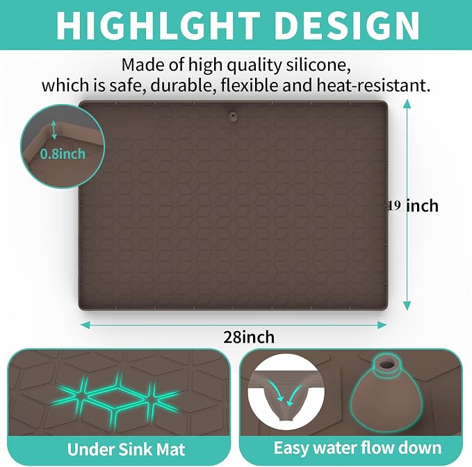 Under Sink Mat for Kitchen Silicone Waterproof Under Sink Liner, Flexible Sink Cabinet Organizer Tray with Drain Hole, Hold up to 3.3 Gallons Liquid, Easy to Clean (Brown, 28X19)