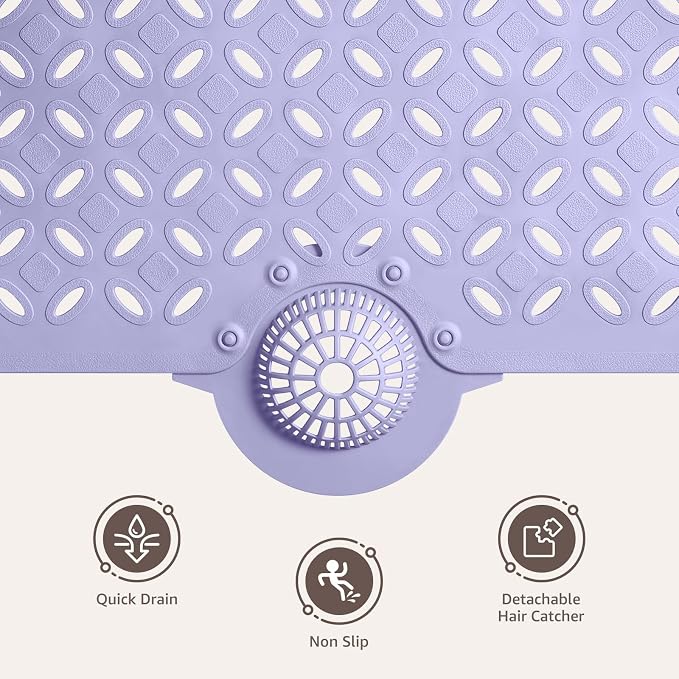 OTHWAY Bath Mat for Tub Non Slip: 39" X 17" Long Bathtub Mat with Hair Catcher│Big Drain Holes Shower Mats for Inside Shower│Machine Washable (Lavender)