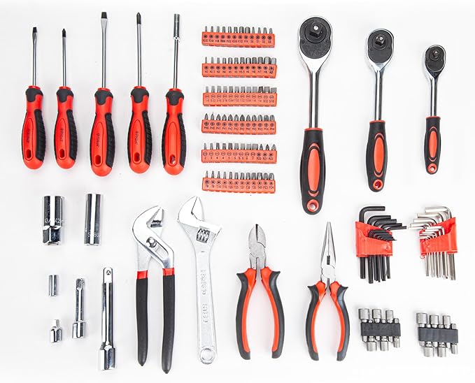 CARTMAN 205 Piece Ratchet Wrench Tool Set 1/4" & 3/8" & 1/2" Drive with SAE/Metric Sockets Kit in Plastic Toolbox