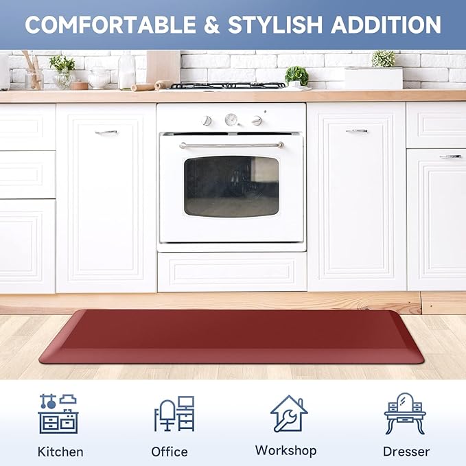 StepRite 4/5 Inch Thick Kitchen Mat Anti Fatigue Mat Kitchen Rugs Kitchen Decor Non-Slip, Stain & Water Resistant, Kitchen Mats Desk Mat for Kitchen, Office, Workshop, Red, 17'' x 47''