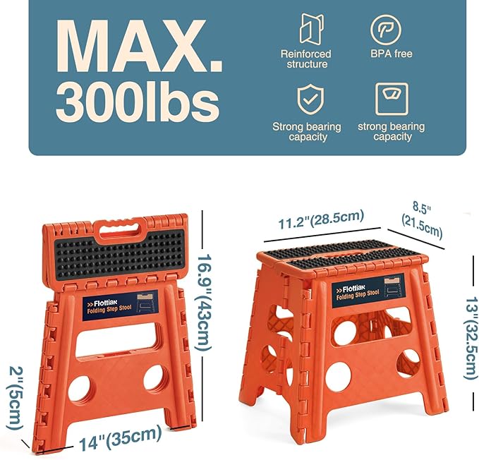 Flottian 13" Folding Step Stool for Adults and Kids Holds Up to 300 lbs,Non-Slip Folding Stools with Handle, Compact Plastic Foldable Step Stool for Bathroom,Bedroom, Kitchen,Orange-Red,1PC