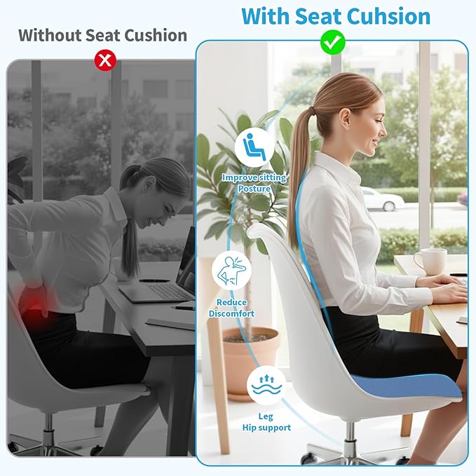 TranquilRelax XLarge Seat Cushion, Memory Foam Cushion for Long Sitting Hours on Office Chair, Home & Car, Non-Slip Chair Pad for Relieving Back & Sciatica & Hip & Coccyx Pain (Light Blue)