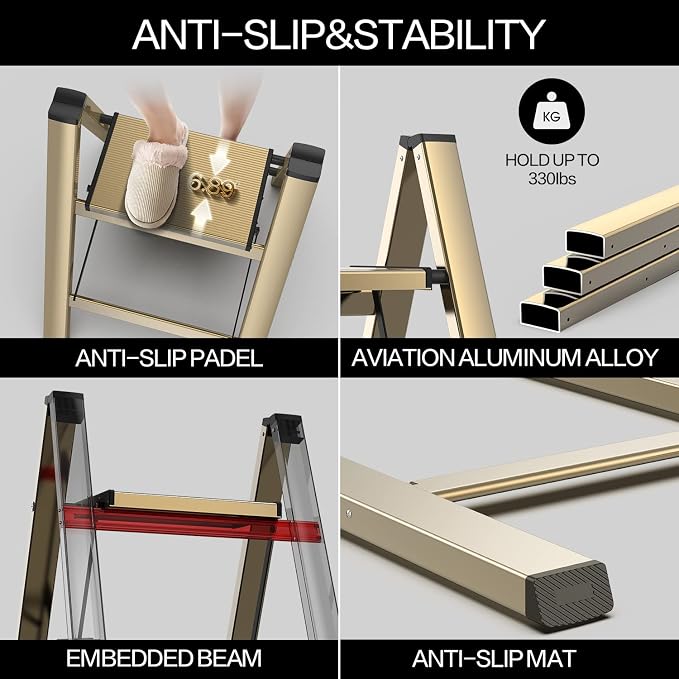 3 Step Ladder, Aluminum Folding Step Stool with Anti-Slip Sturdy and Wide Pedal, Lightweight Portable Stepladder for Home and Kitchen Use Space Saving, Gold, 330 lbs
