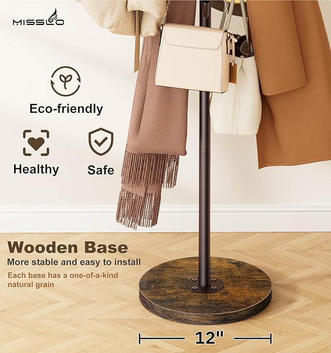 MISSLO Heavy Duty Coat Rack Freestanding with Stable Wood Base Modern Brown Coat Tree with 12 Hooks Adjustable Coats Hanger Stand Stylish Standing Clothes Tree for Entryway Bedroom Corner Hall