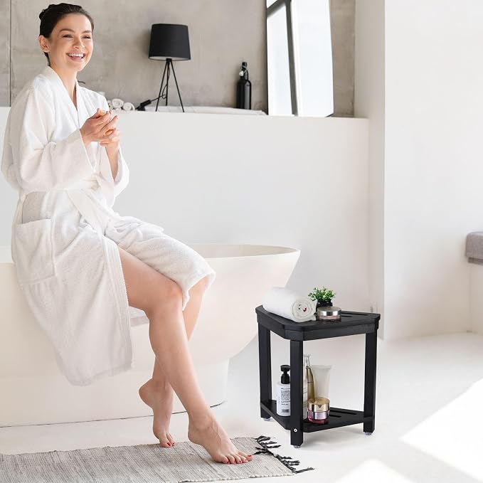 Boulphia Shower Foot Rest 14in, Acacia Wood Shower Stool for Shaving Legs (Black)