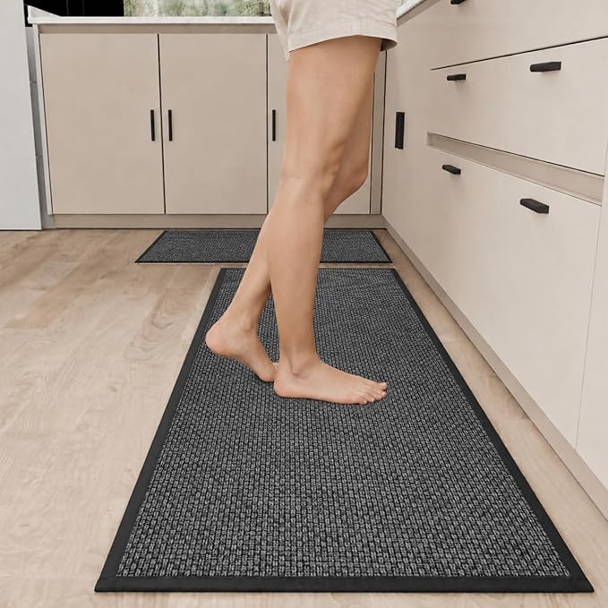 SUMLANS Kitchen Mat Set of 2 PCS, Cushioned Non Slip Rugs for Kitchen Floor, Absorbent Runner Comfort Standing Mats Washable for Kitchen, Office, Home, 17.3"x47"+17.3"x30" (Black)