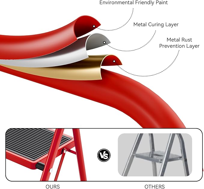 KINGRACK Step Ladder, Folding Ladder with Non-Slip and Wide Pedal, Small Ladder with Handle, Heavy Duty Steel Stool, Lightweight Step Ladder (Red, 3 Step Stool)