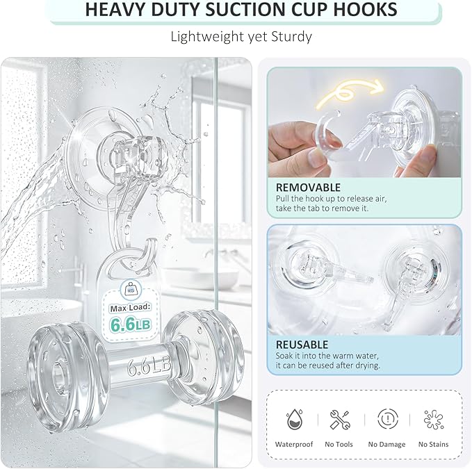 VIS'V Shower Suction Cup Hooks, Removable and Reusable, Clear, Small, 2 Pcs | Clear Invisible Design, Locking Suction Technology, Dual Vacuum Suction, Heavy Duty, Fits for Smooth Flat Surfaces