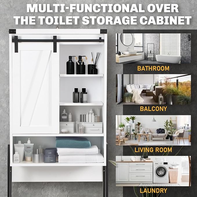 Over The Toilet Storage Cabinet, Behind Toilet Bathroom Organizer with Adjustable Shelves, Above Toilet Organizers with Barn Door, Space Saver for Restroom, Bathroom, Laundry, White