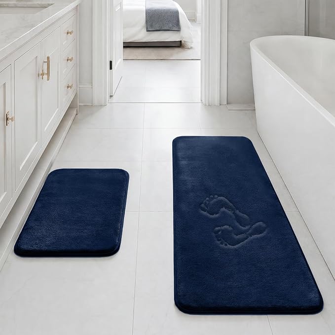 HUXMEYSON Bathroom Rugs Sets 2 Piece, Non-Slip & Quick Dry Bath Mat Set, Ultra Soft Velvet Bath Rugs for Bathroom, Toilet and Shower Floor, Navy