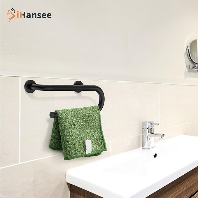 𝐔𝐩𝐠𝐫𝐚𝐝𝐞𝐝 Toilet Grab Bars 16 Inch - Toilet Paper Holder Grab Bar Stainless Steel Knurled Toilet Grab Bars for Seniors Bathtub Bathroom Rails for Elderly Bath Safety Balance Support, Black