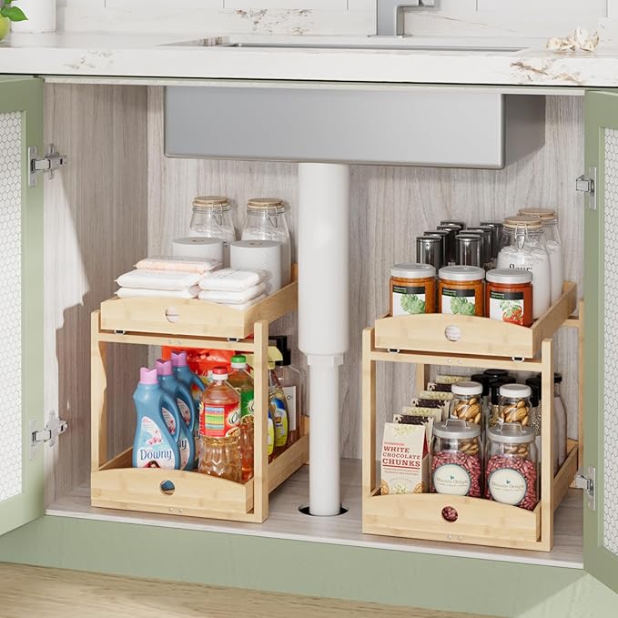 APRTAT 2 Pack Under Sink Organizer, Bamboo Wooden 2-Tier Pull-Out Storage with Sliding Drawers for Kitchen and Bathroom Cabinets, Easy Installation (Natural)