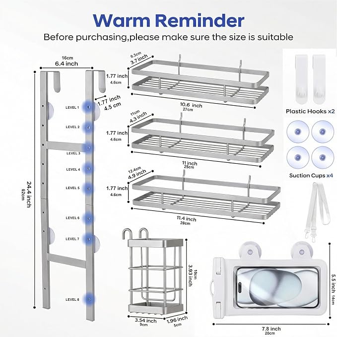 Over the Door Shower Caddy Hanging, Rustproof Shower Shelves with Waterproof Phone Pouch, Adjustable Bathroom Organizers and Storage, No Drilling Shampoo Soap Shelf (Silver 3-Tier)