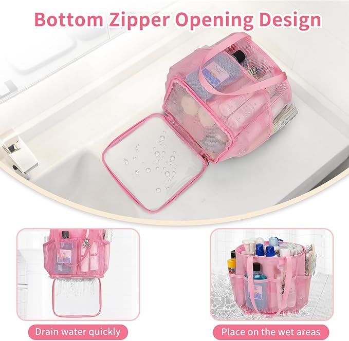 Shower Caddy Portable for College Dorm Room Essentials, Hanging Shower Caddy with Hook and Drawstring, Quick Dry Mesh Shower Bag with 6 Pockets for Bathroom, Swimming, Gym, Camping, Beach, Travel