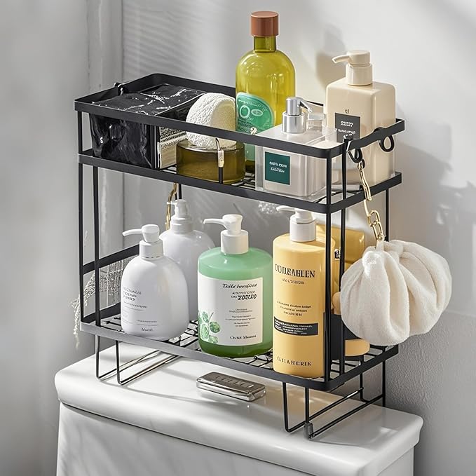 PowerKing Over The Toilet Storage Shelf, 2-Tier Bathroom Organizer Rack with 2 Hooks, No-Drill, Rust-Resistant Steel, Toilet Paper Holder for Restroom Bathroom, Black